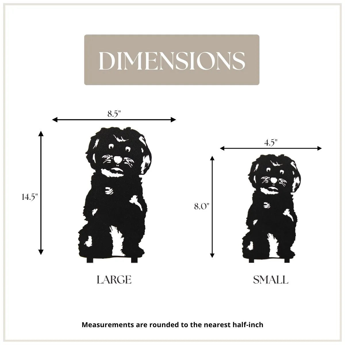 Maltese dog silhouettes in black metal, showcasing dimensions for large and small options, ideal for outdoor decor.
