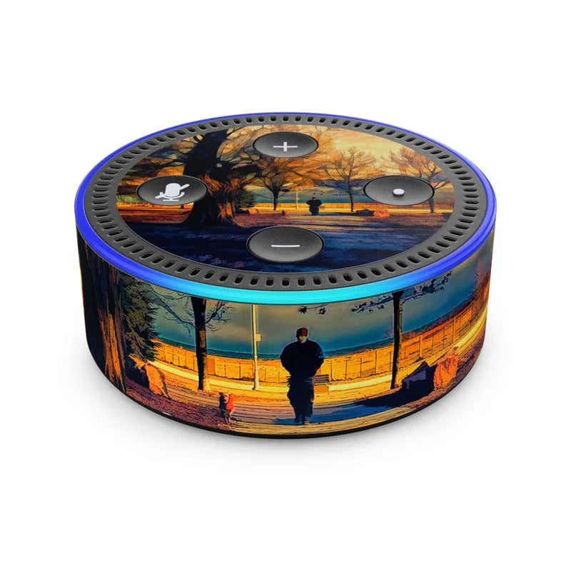 Colorful skin decal of a Man and Dog design for Amazon Echo Dot 2nd Gen, featuring vivid sunset hues and a nature scene.