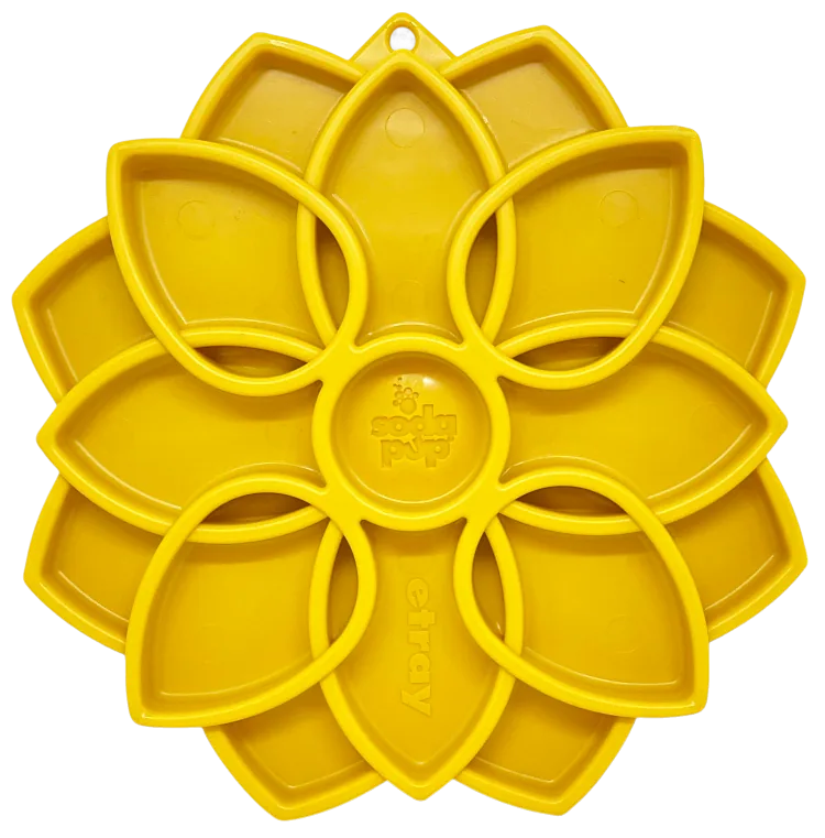 Yellow Mandala eTray shallow slow feeder dog bowl with flower design, made from BPA-free material for mental enrichment.