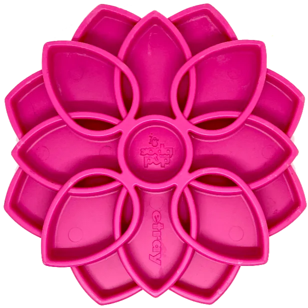 Pink mandala slow feeder dog bowl featuring a shallow, floral design made from food-safe materials.