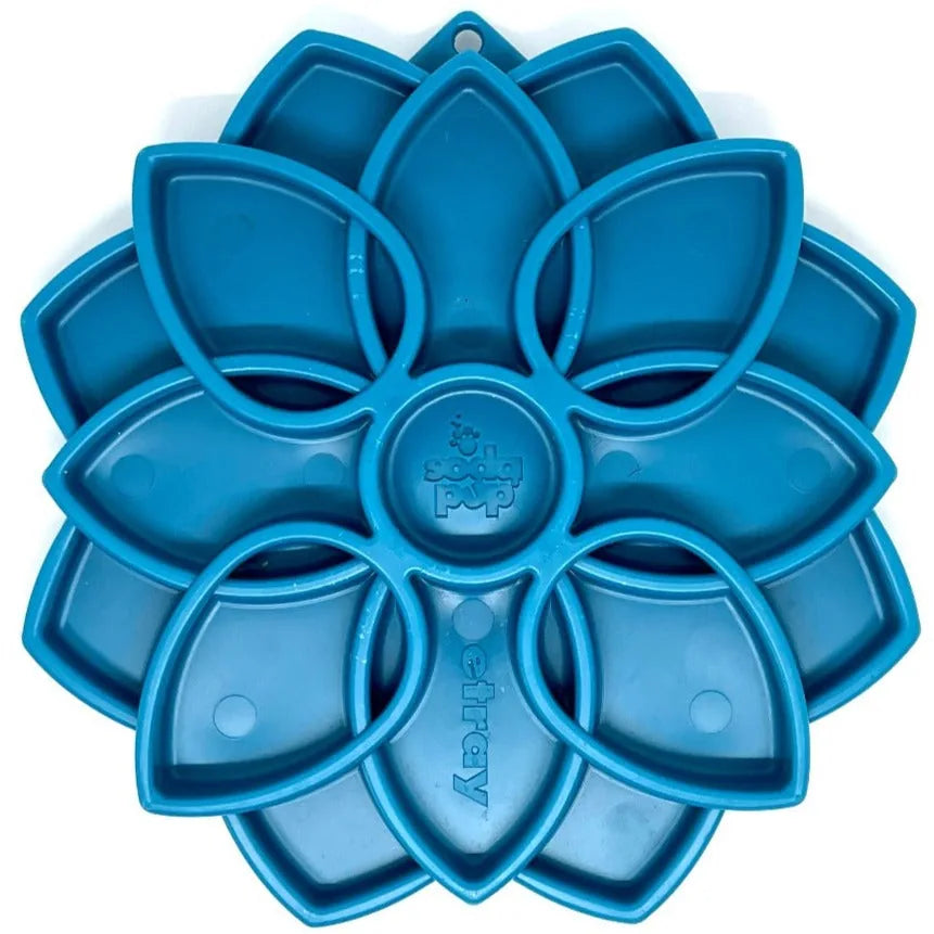 Blue Mandala eTray slow feeder dog bowl featuring a flower-like design, designed for mental enrichment and safe eating.