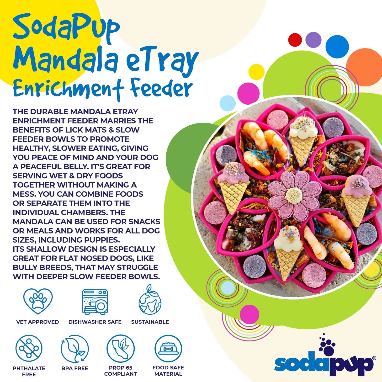 Shallow pink Mandala eTray slow feeder dog bowl filled with treats, designed for mental enrichment and safe eating.
