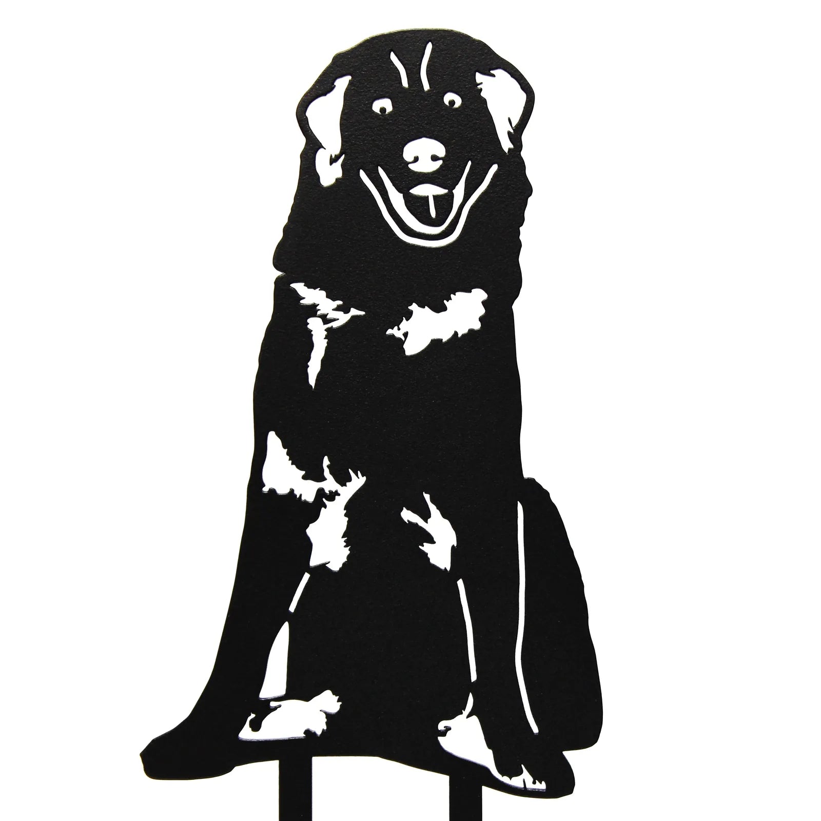 Black metal silhouette of a Maremma Sheepdog, showcasing a playful expression and distinct shape, suitable for yard decor.