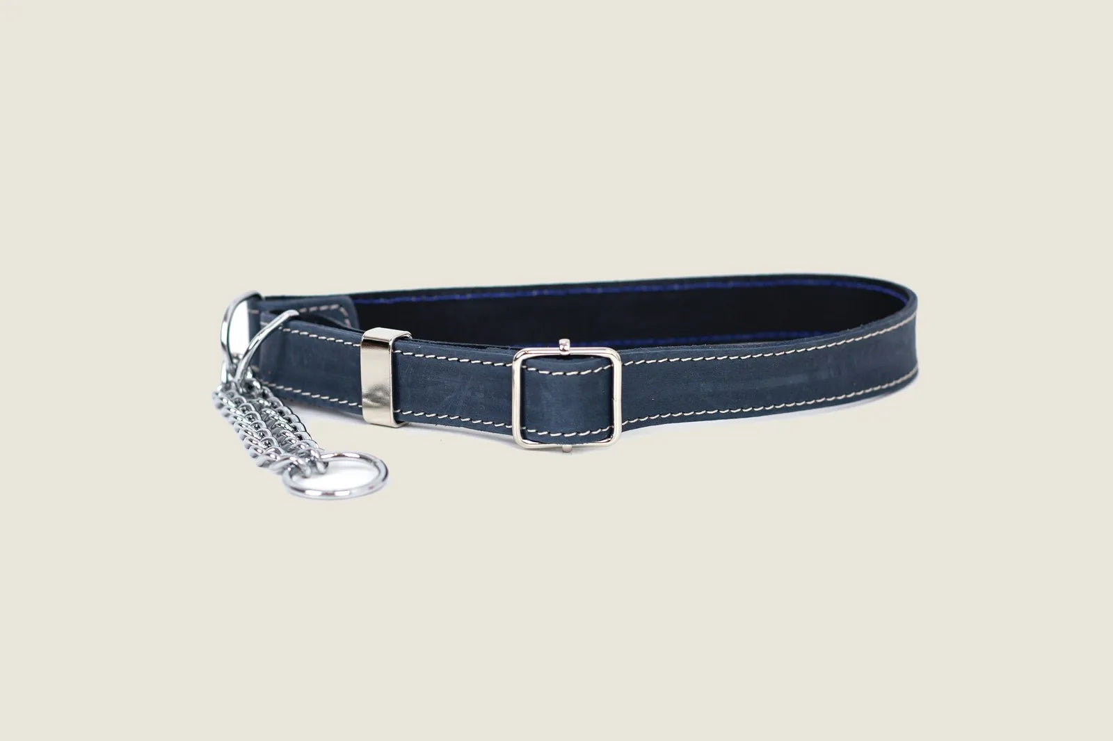 Martingale blue jeans leather dog collar featuring full-grain leather and silver hardware, stitched with contrasting threads.