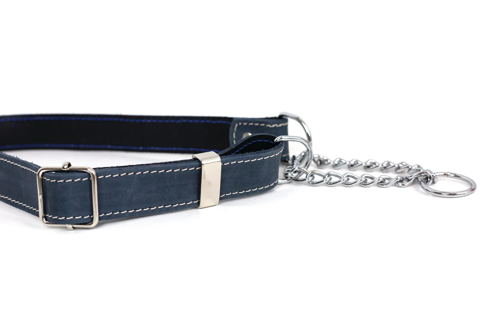 Martingale dog collar in blue jeans leather, featuring silver hardware and white stitching for a classic look.
