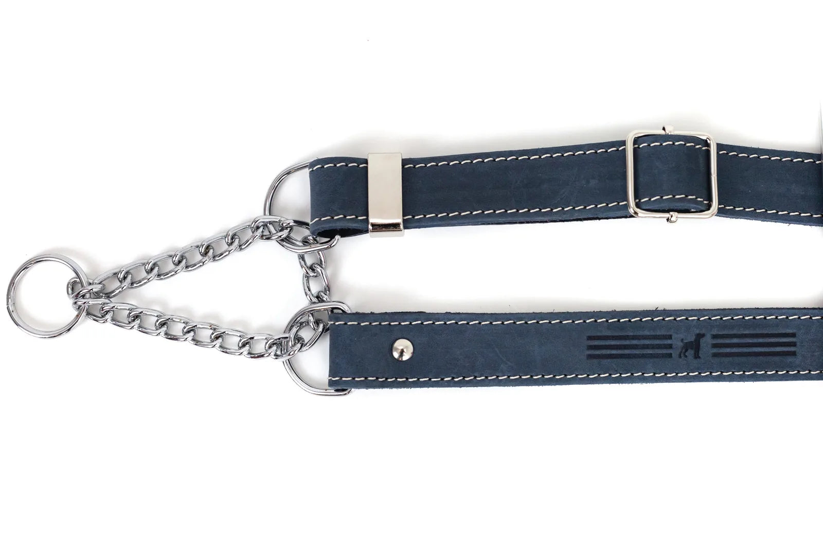 Martingale dog collar in blue denim leather with white stitching and durable steel hardware for comfortable daily wear.