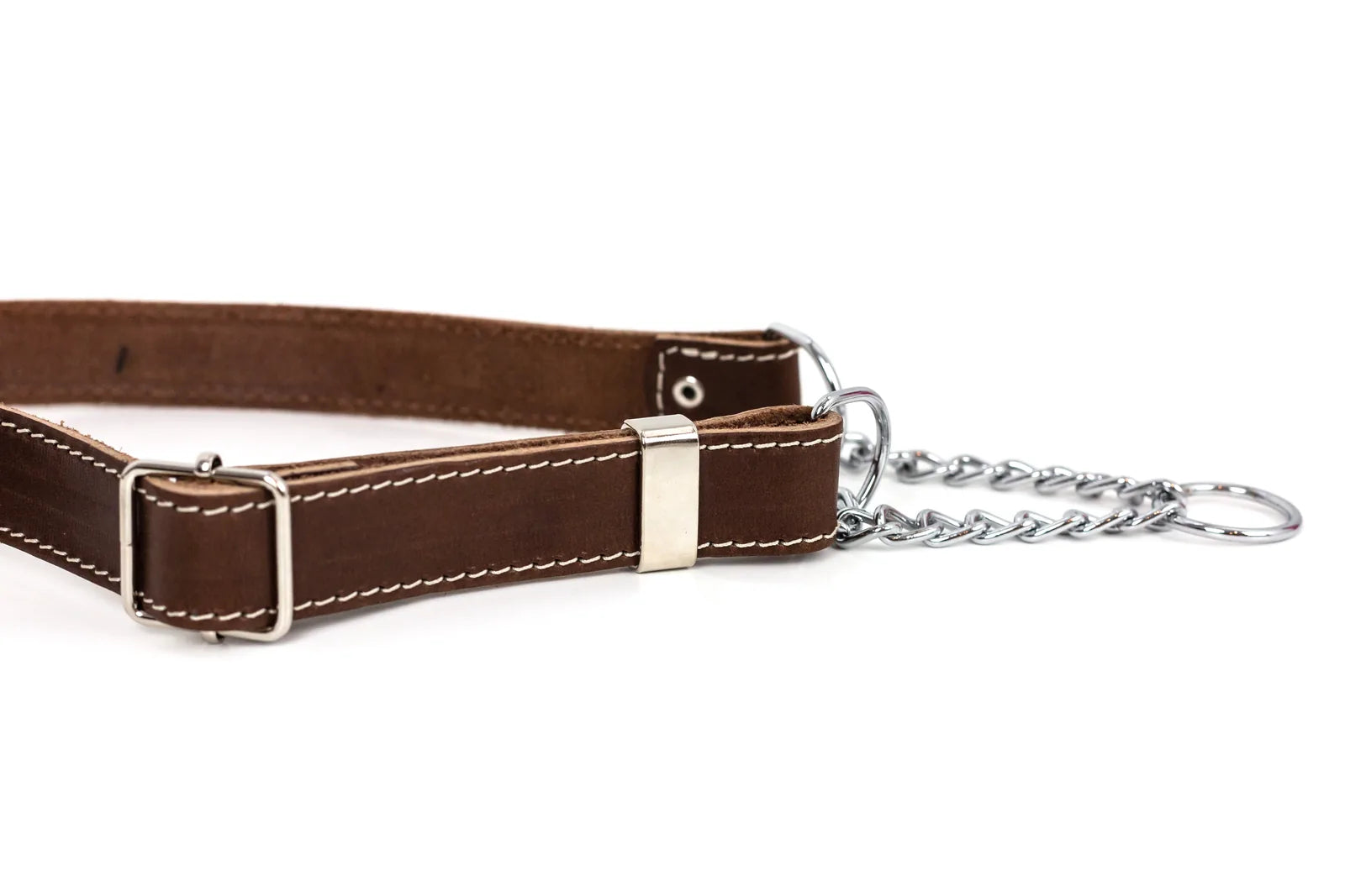 Chocolate leather martingale dog collar with silver accents and durable chain detail. Ideal for stylish walks.
