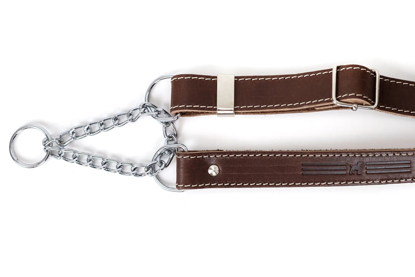 Martingale chocolate leather dog collar with metal chain, featuring white stitching and a sturdy design for secure walks.