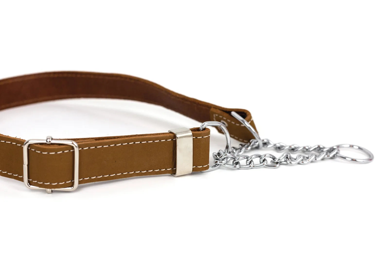 Martingale dog collar in earthy brown leather with white stitching and durable steel chain for gentle control.