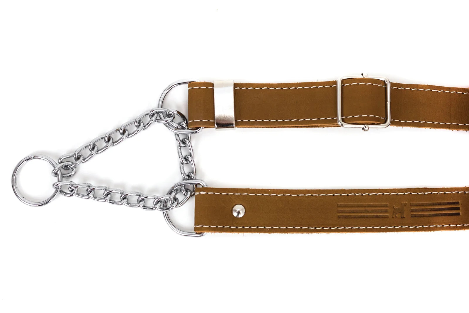 Brown leather martingale dog collar with silver hardware and durable stitching, designed for comfort and control.