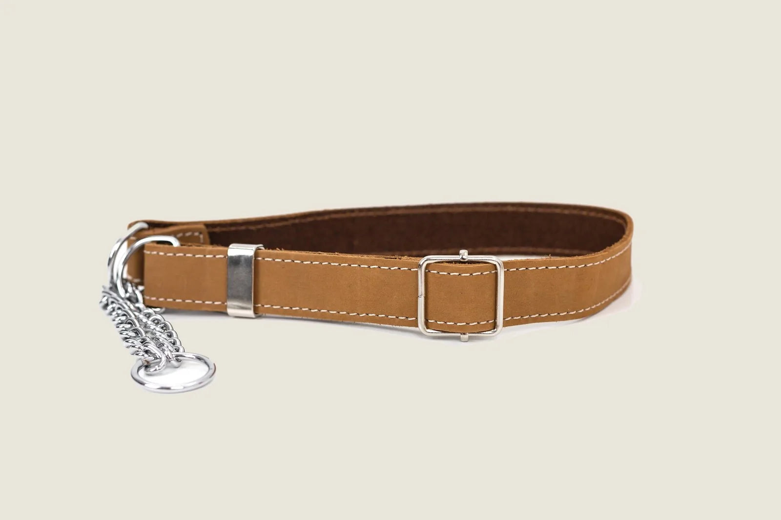 Khaki leather martingale dog collar with durable stitching and silver hardware, designed for comfort and style.