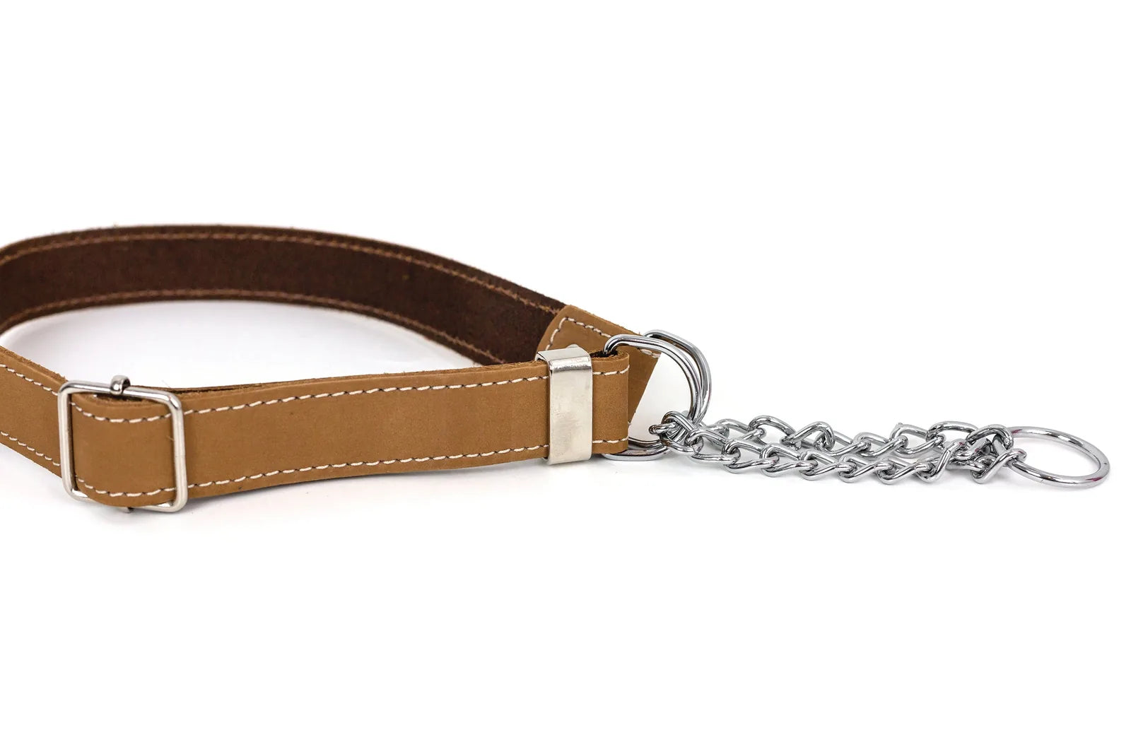 Khaki leather Martingale dog collar with silver chain, stitching detail, and metal hardware for secure everyday use.