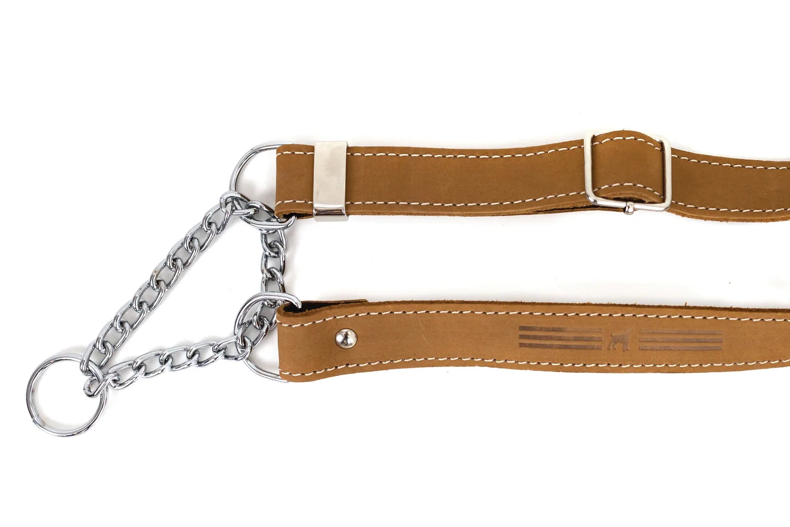 Khaki leather martingale dog collar featuring durable metal hardware and white stitching, ideal for everyday walks.