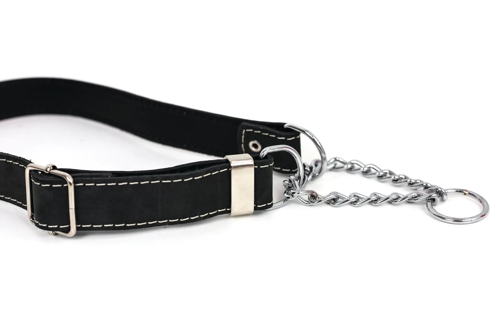 Midnight black leather Martingale dog collar featuring white stitching and shiny silver hardware for durable comfort.