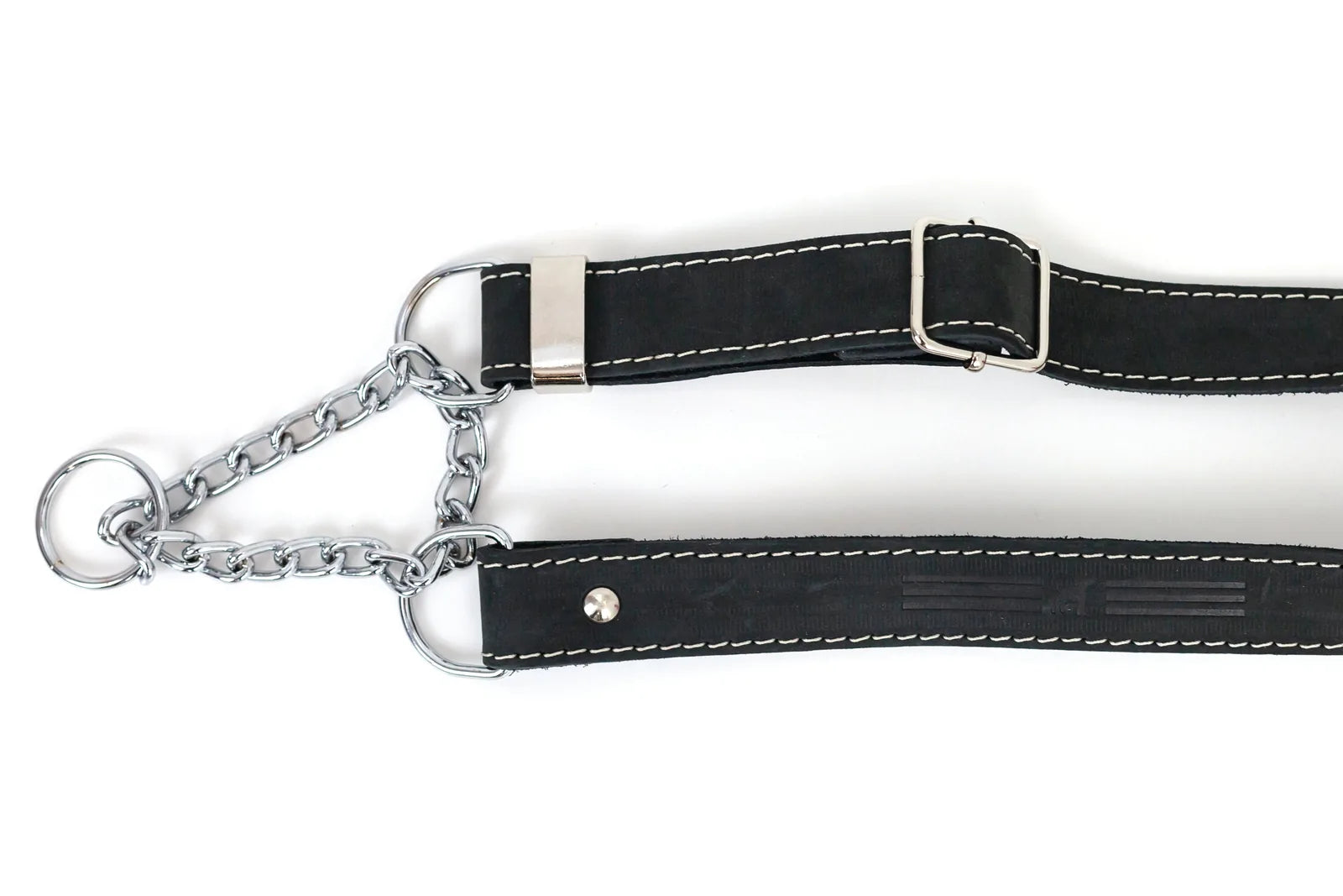 Midnight black leather martingale dog collar with silver hardware, featuring a chain for added control and style.