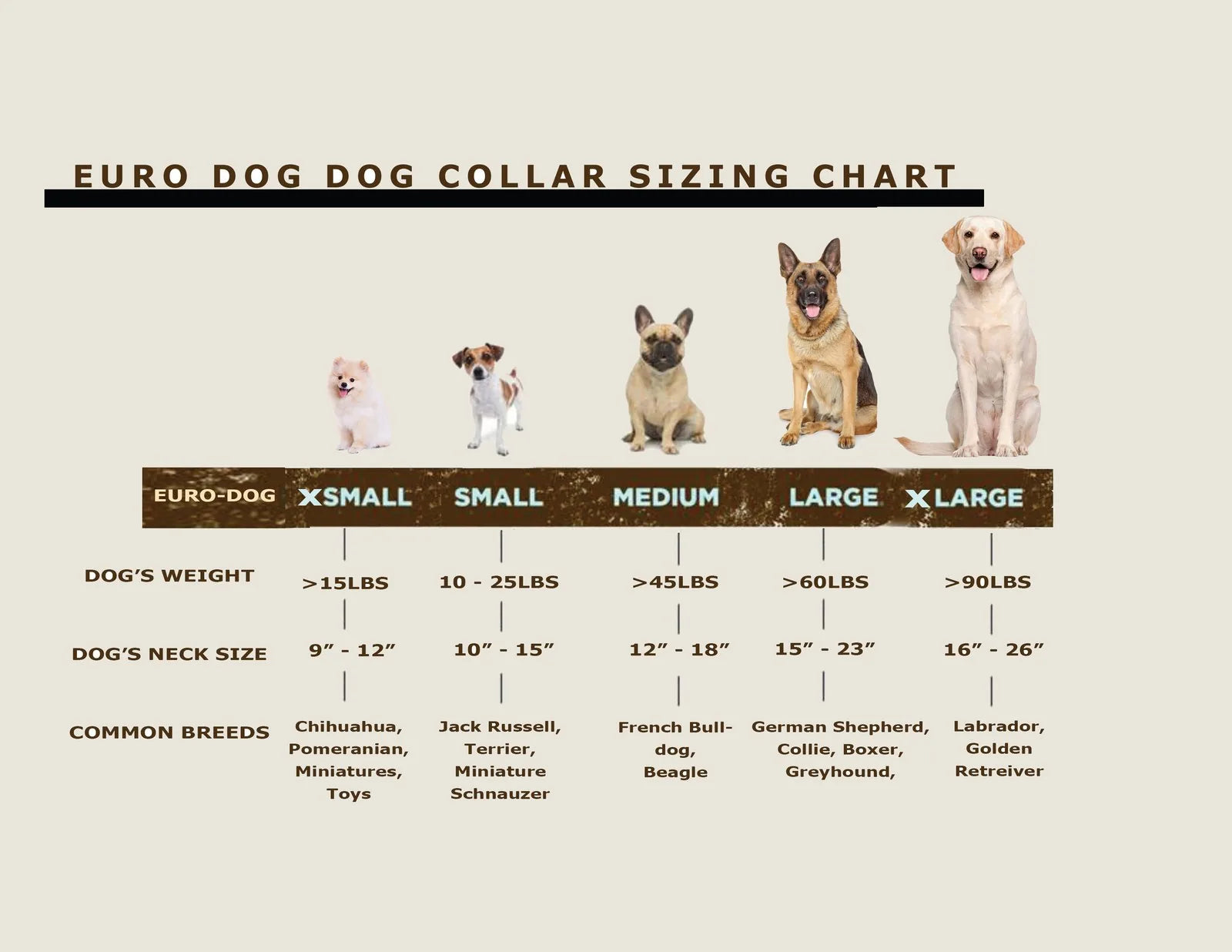 Collar sizing chart displaying various dog breeds and corresponding neck size measurements for Euro-Dog collars.
