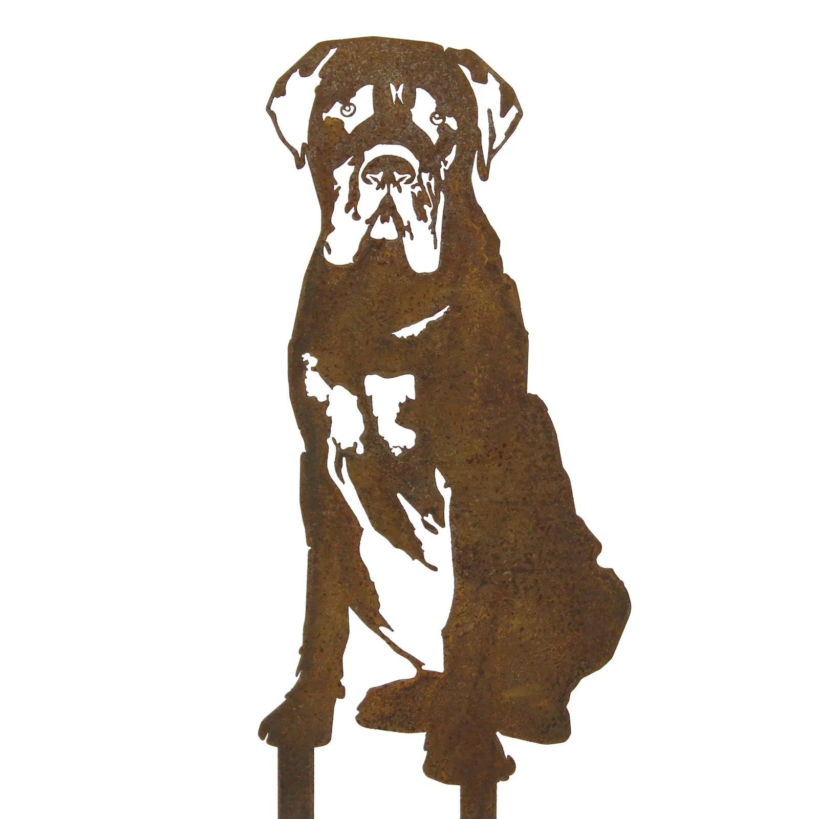 Rusty Corten steel silhouette of a seated Mastiff, ideal for outdoor dog decor in gardens and yards.
