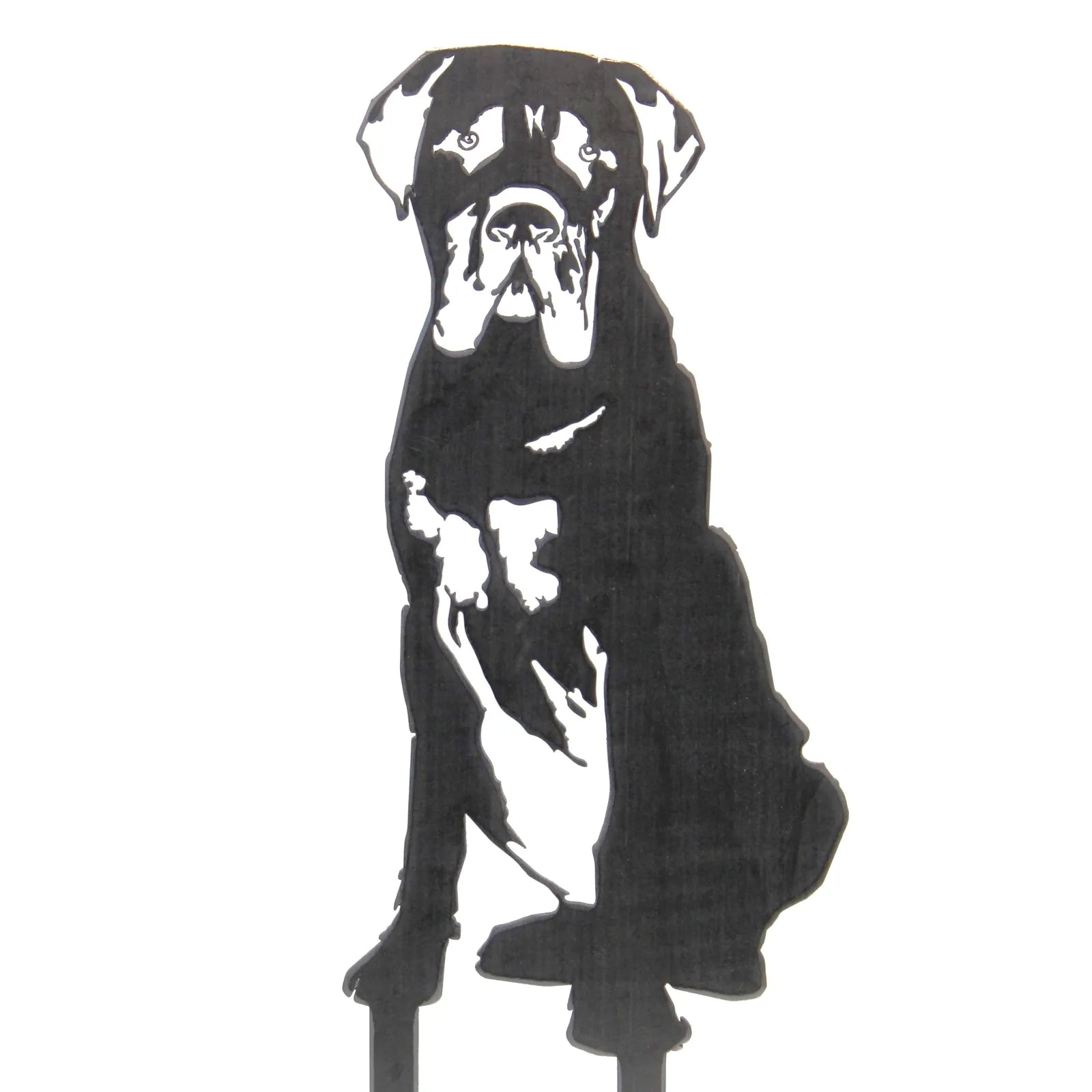 Black metal silhouette of a seated Mastiff dog, showcasing detailed features and sturdy design for outdoor decor.
