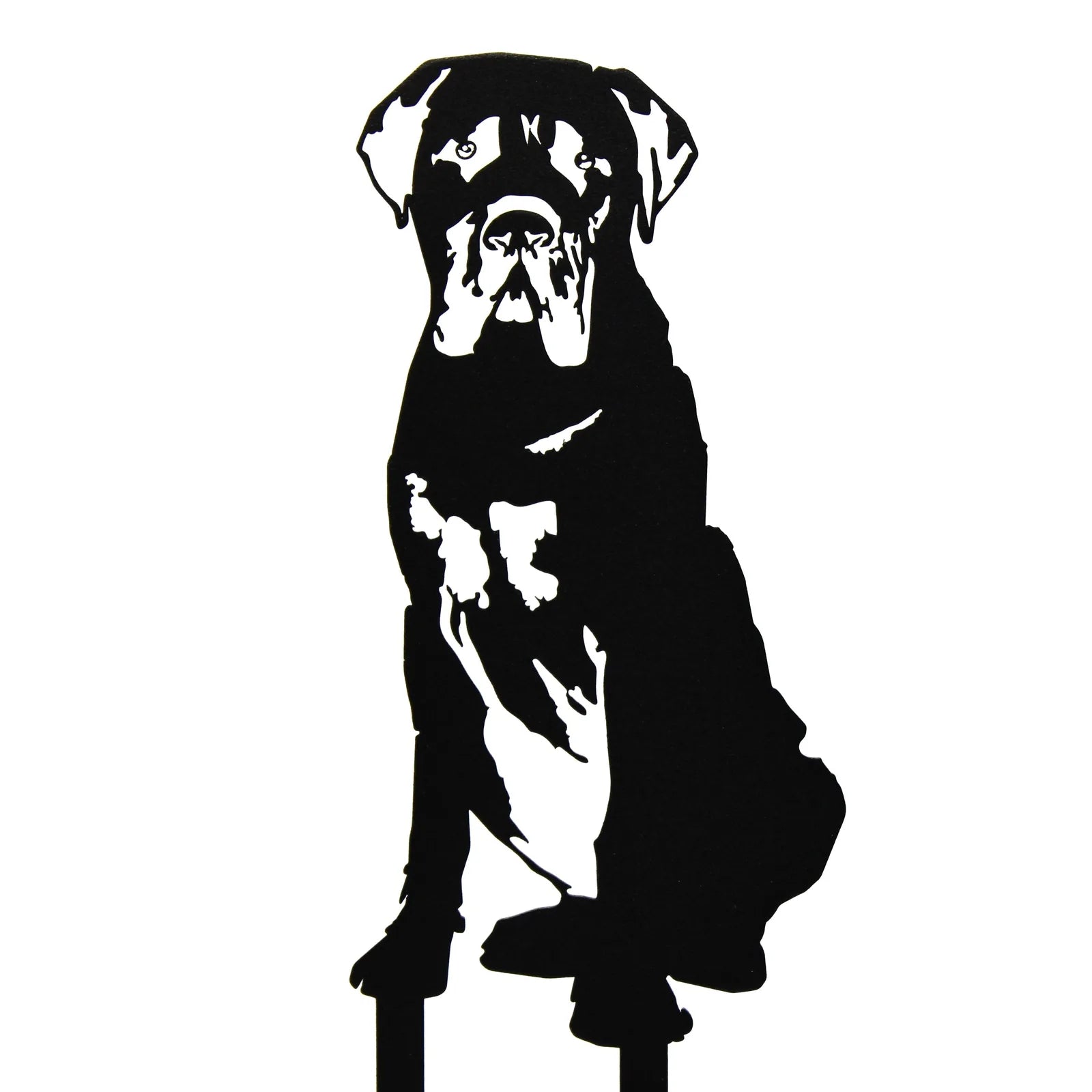 Black metal silhouette of a Mastiff dog, showcasing detailed features and a seated pose perfect for outdoor decor.