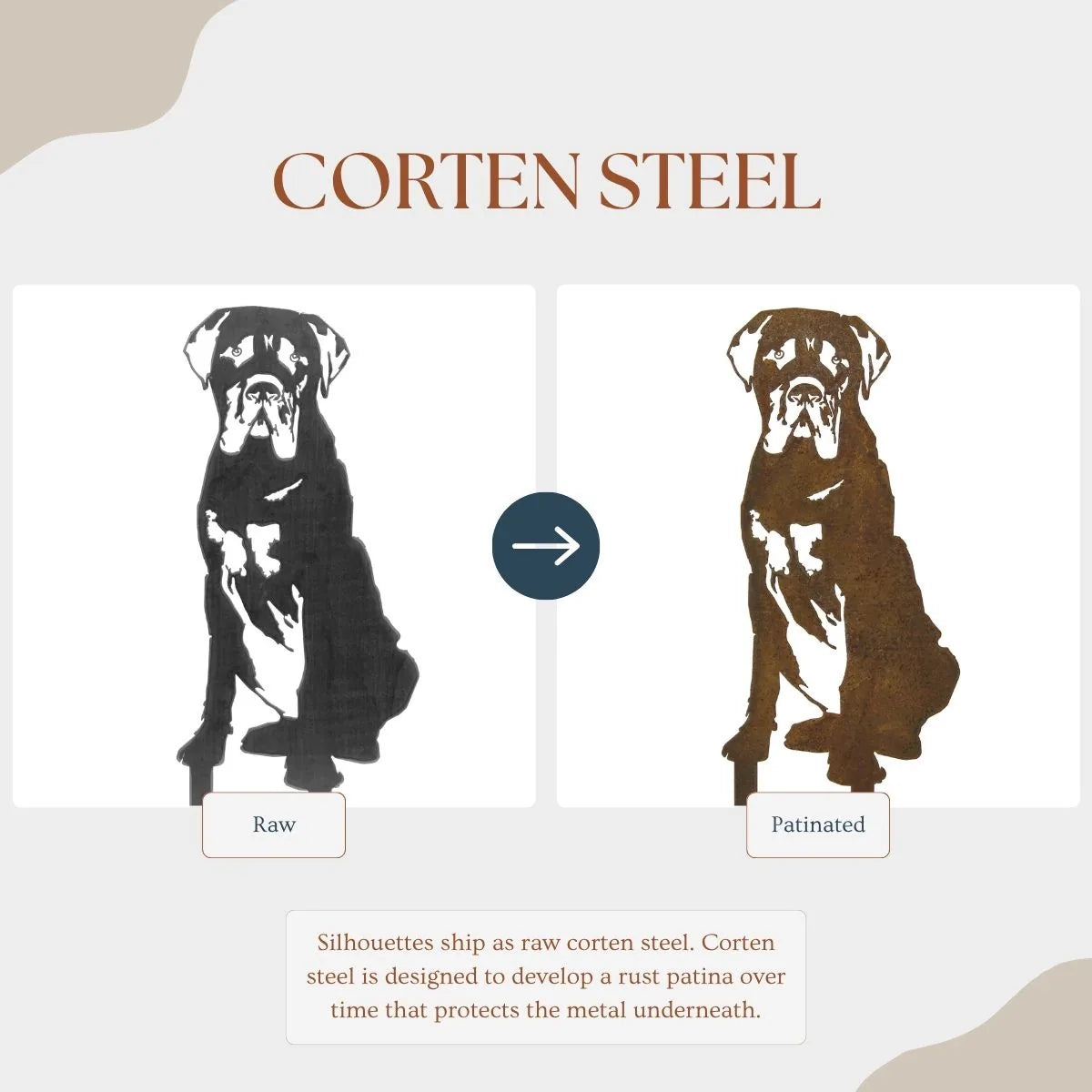 Handcrafted Mastiff silhouette in raw and patinated Corten steel, showcasing dog decor for outdoor spaces.