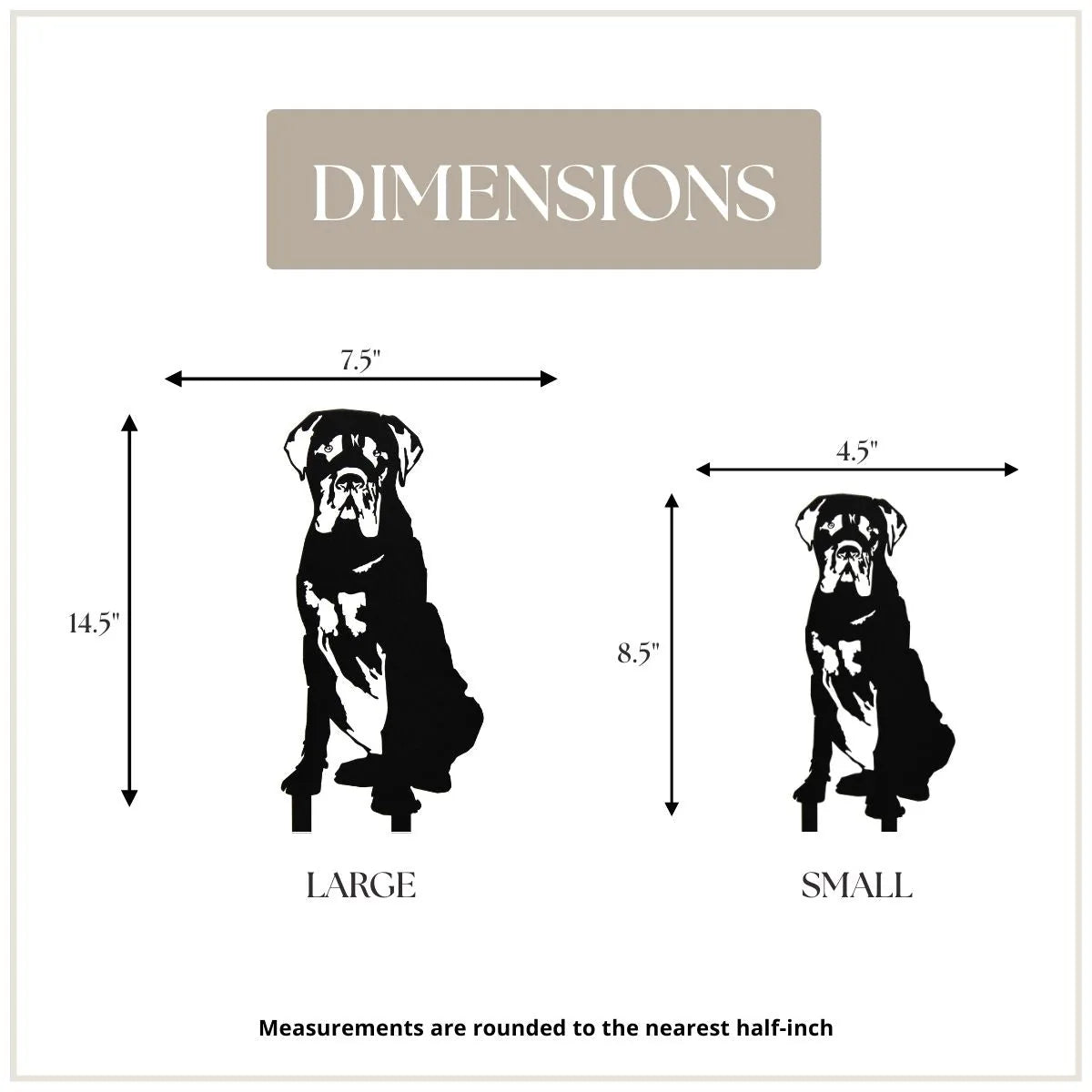 Black metal silhouette of a Mastiff with labeled dimensions for small (8.5" x 4.5") and large (14.5" x 7.5") sizes.