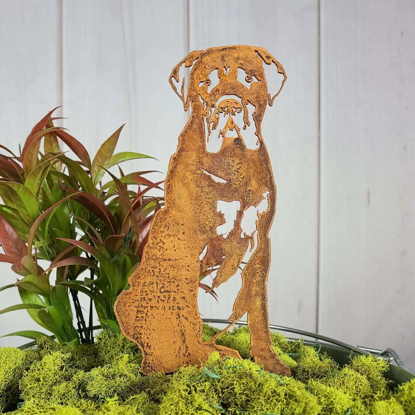 Rusty Corten steel Mastiff silhouette stands among green moss and leaves, adding a decorative touch to outdoor spaces.