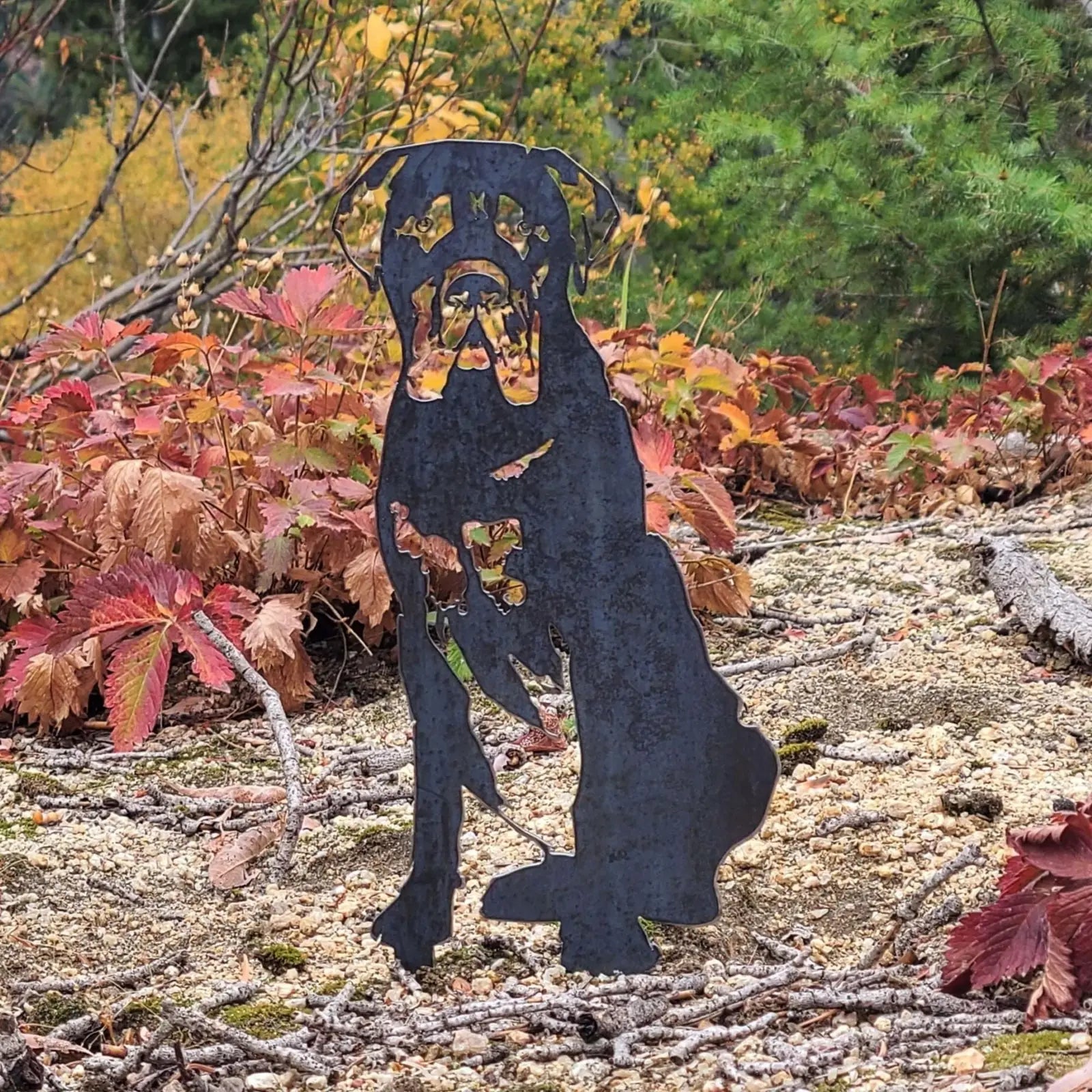 Mastiff silhouette in matte black metal stands among autumn foliage, showcasing durable outdoor dog decor.