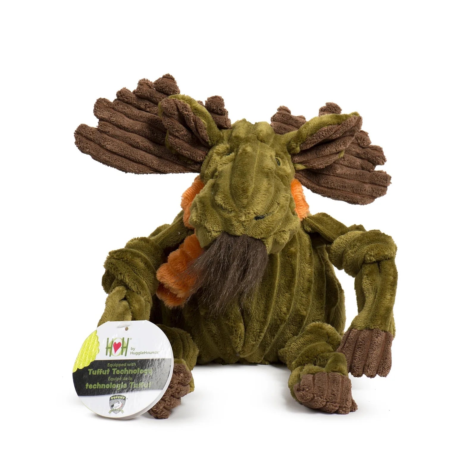 Milo Moose plush dog toy in green corduroy with knotted limbs and five squeakers for interactive fun.