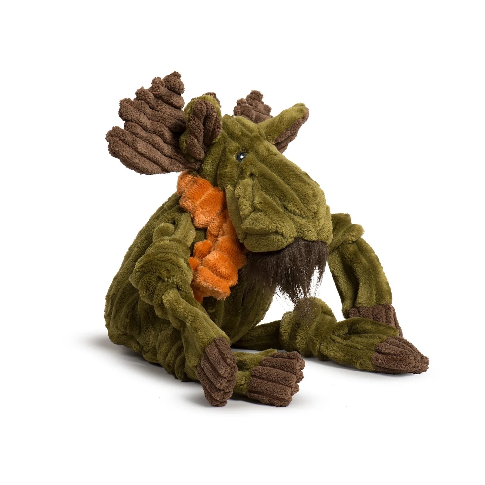 Cuddly green Milo Moose plush dog toy with knotted limbs and an orange scarf, designed for interactive play and snuggling.