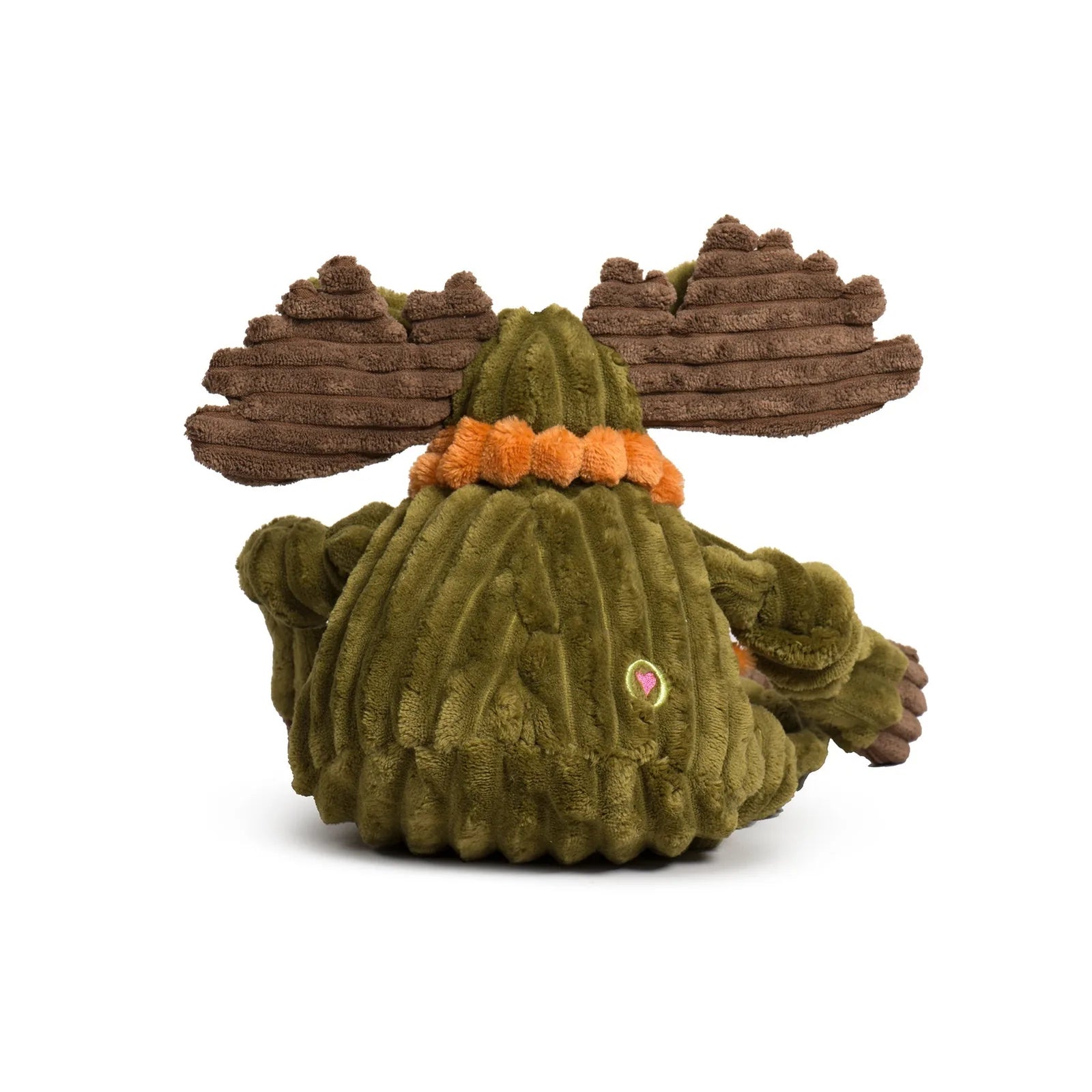Plush Milo Moose dog toy in green corduroy with brown antlers and orange collar, featuring knotted limbs for play.