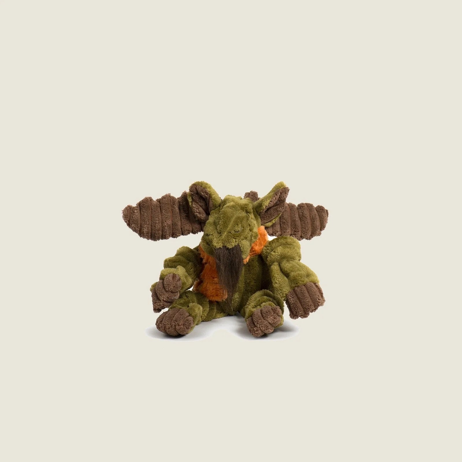 Cuddly green Milo Moose plush dog toy with knotted brown limbs, featuring an orange accent and five squeakers for play.