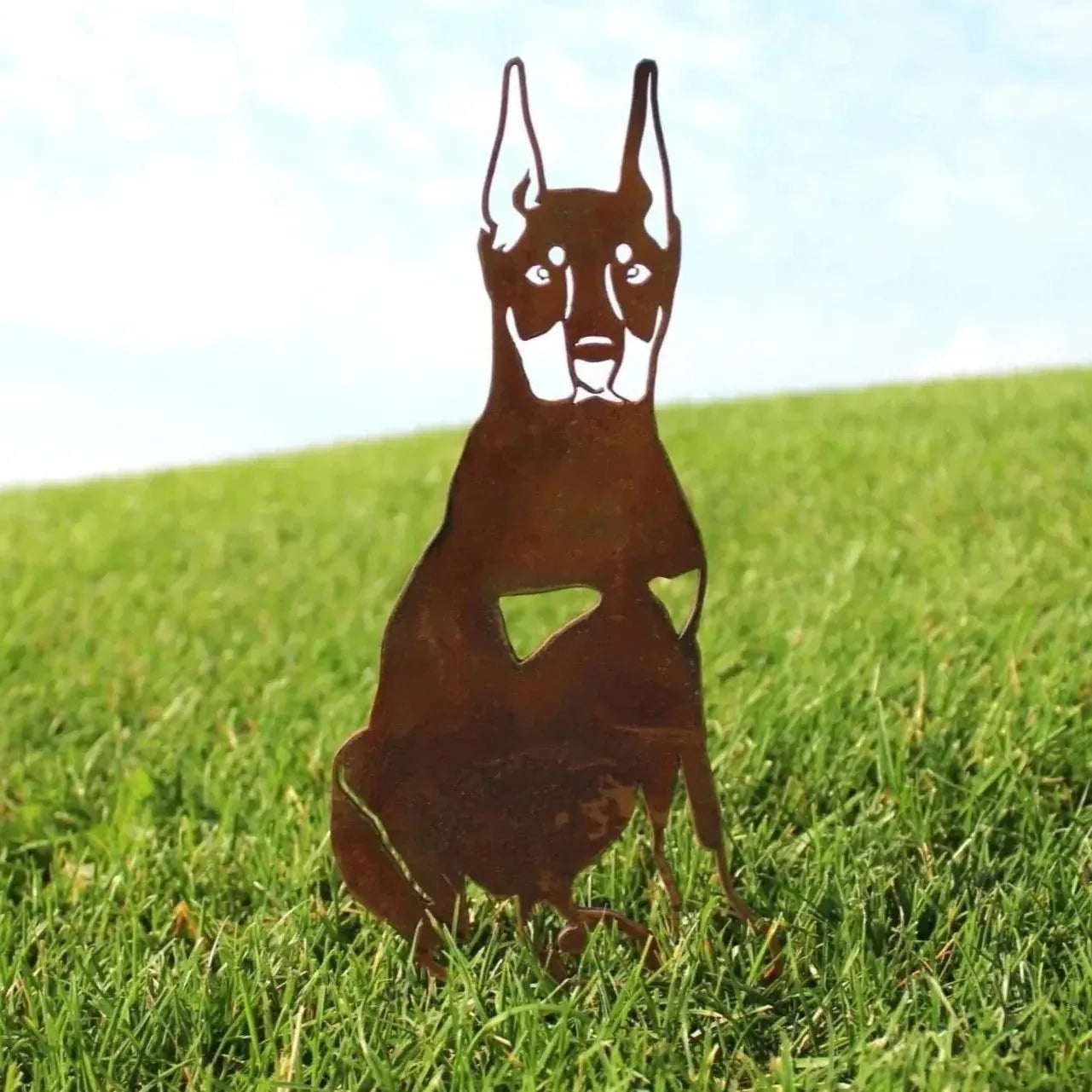 Miniature Pinscher metal silhouette in rusty Corten steel, standing on green grass with a blue sky backdrop.