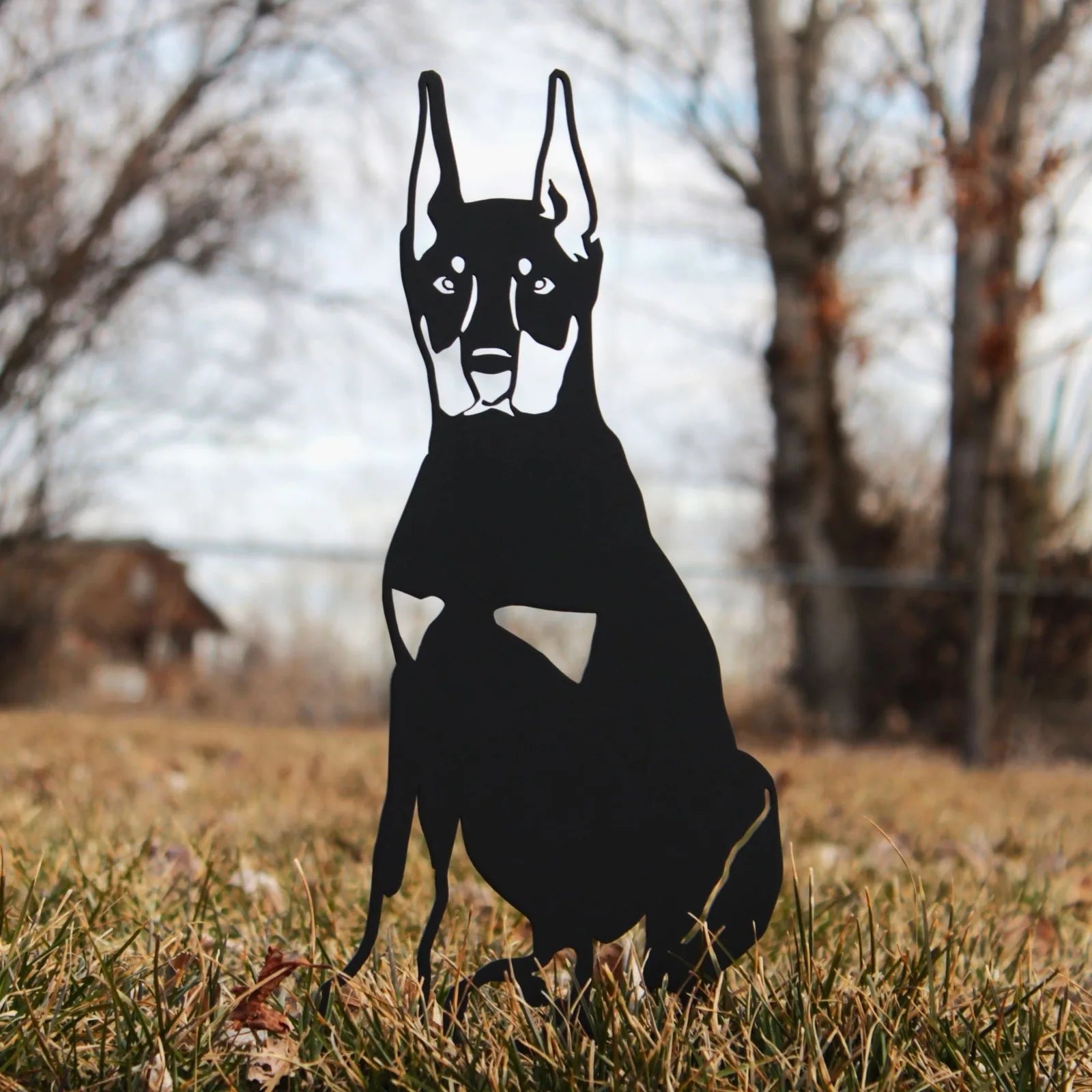 Black metal silhouette of a Miniature Pinscher sitting on grass, showcasing its distinctive features in an outdoor setting.