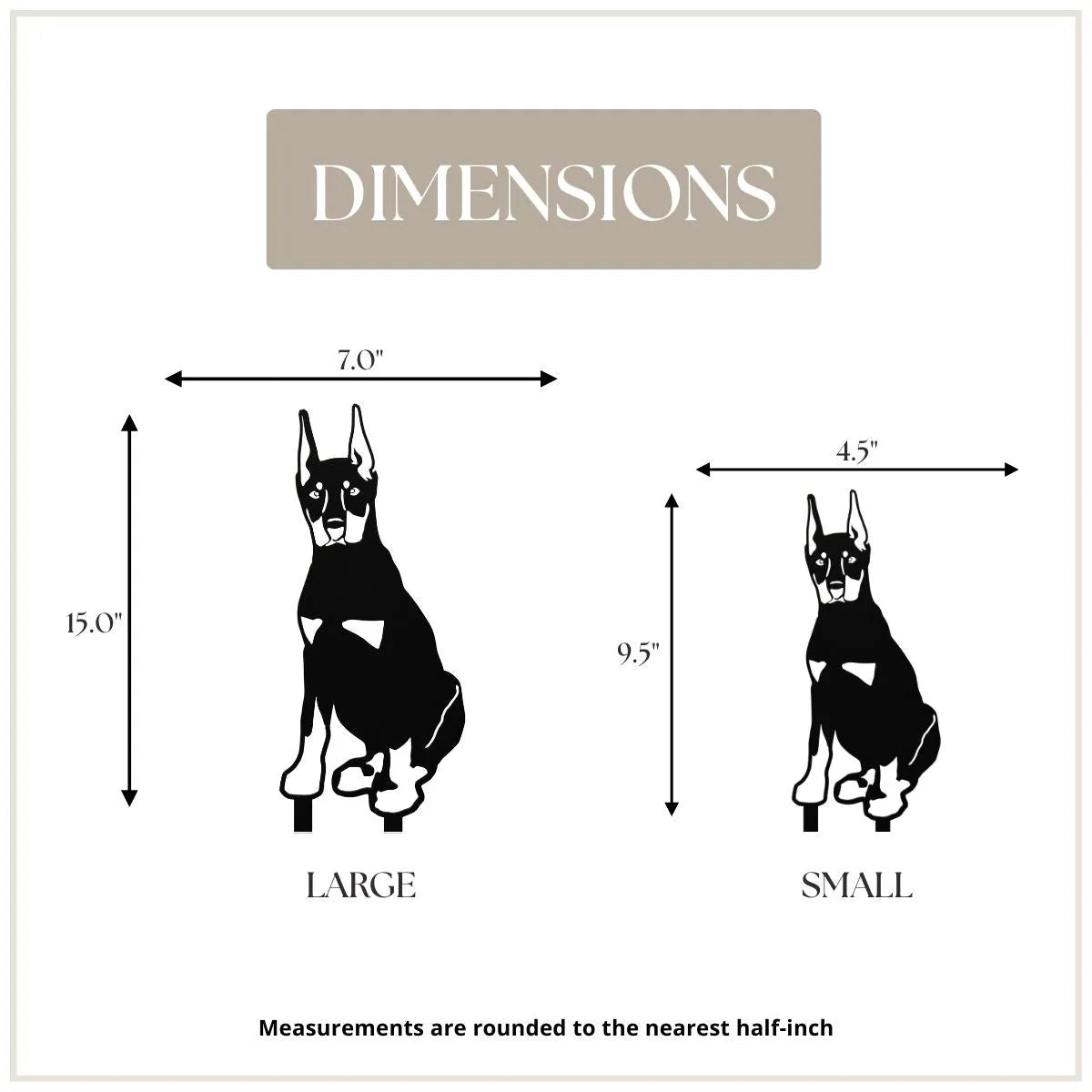 Black silhouette of a Miniature Pinscher with labeled dimensions for large (15") and small (9.5") sizes on a cream backgro...