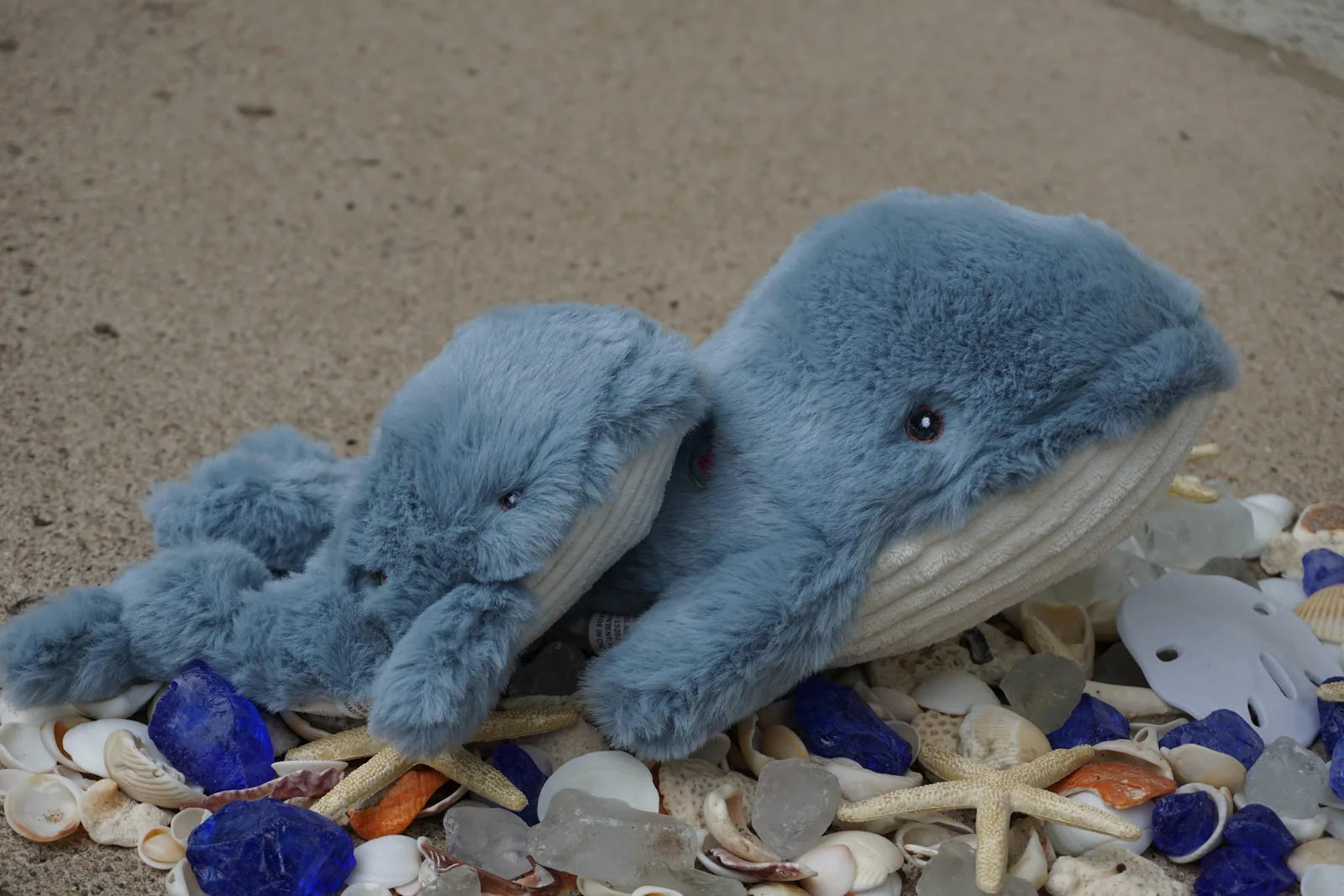 Soft blue plush whale toy with knotted design, nestled among seashells and beach glass, perfect for playful dogs.