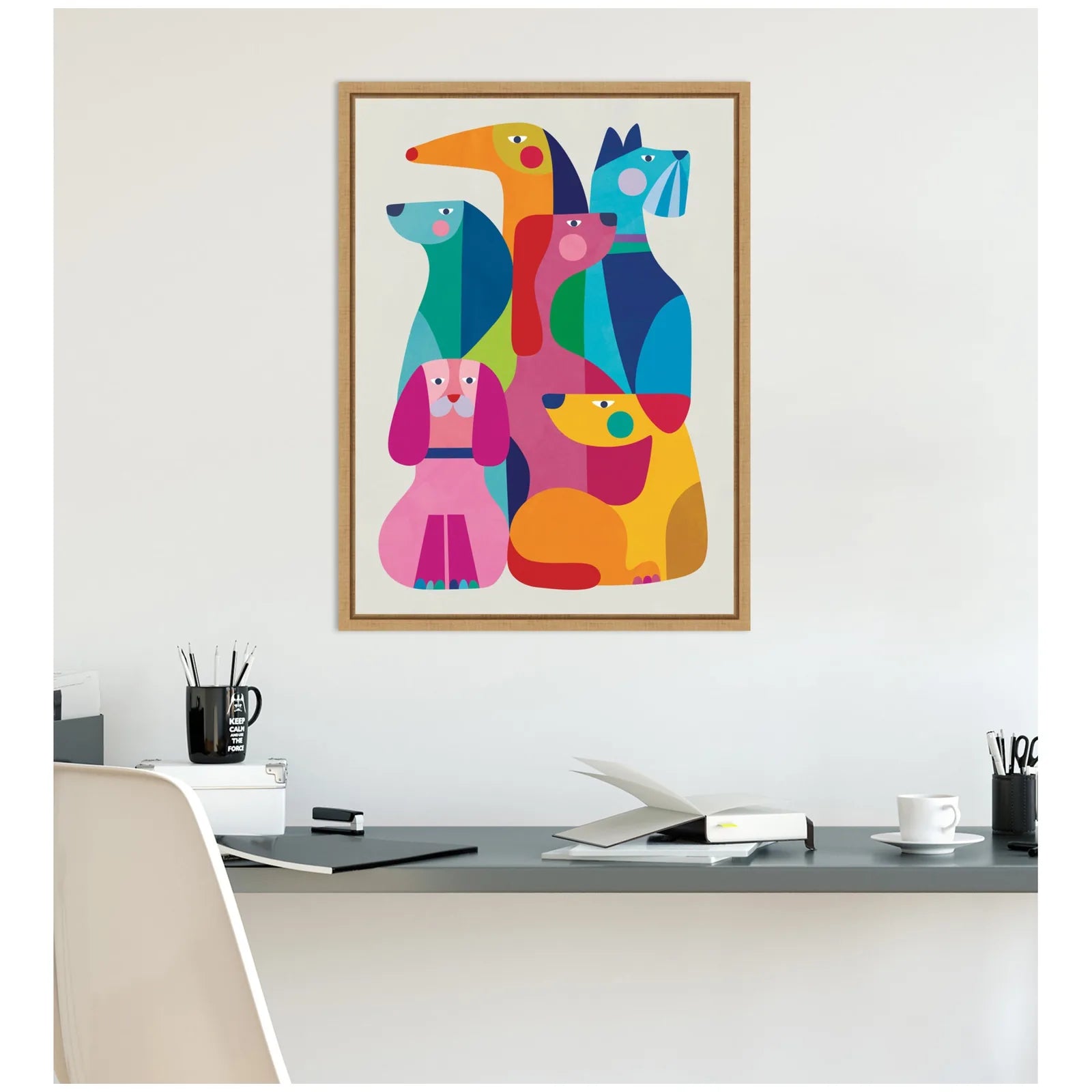 Framed abstract artwork of colorful dogs in vibrant hues, enhancing modern home decor.