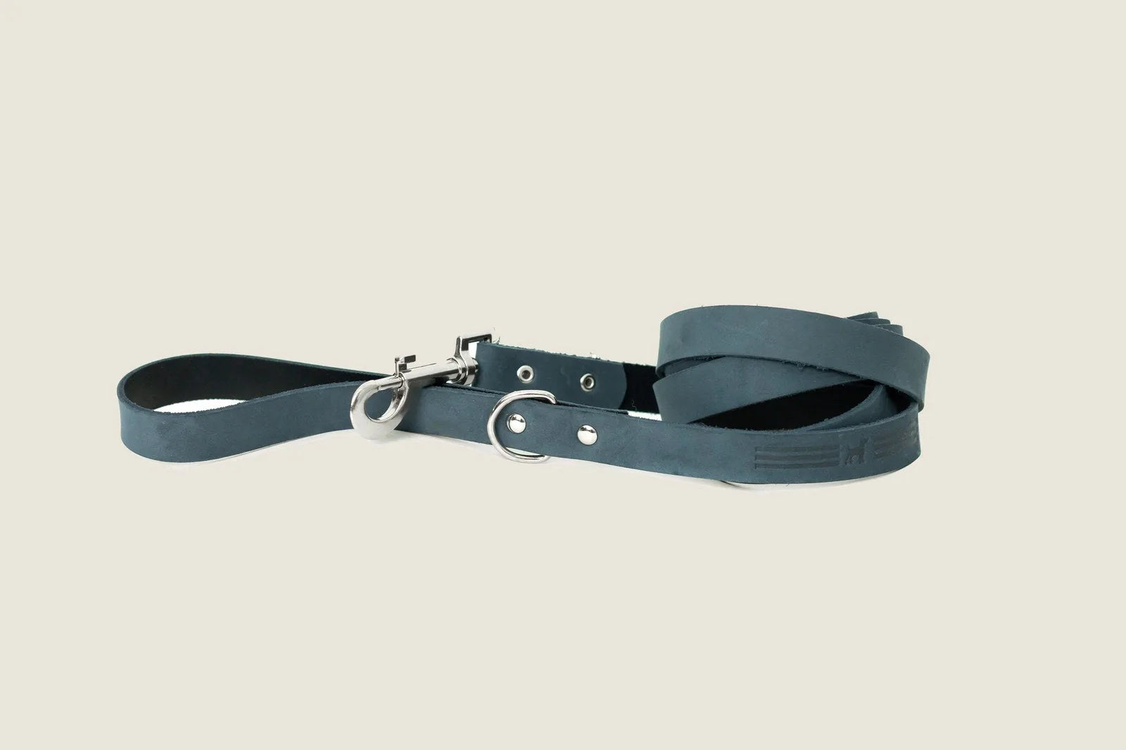 Sleek blue jeans leather dog leash with a silver clip and extra d-ring, perfect for stylish, everyday walks.