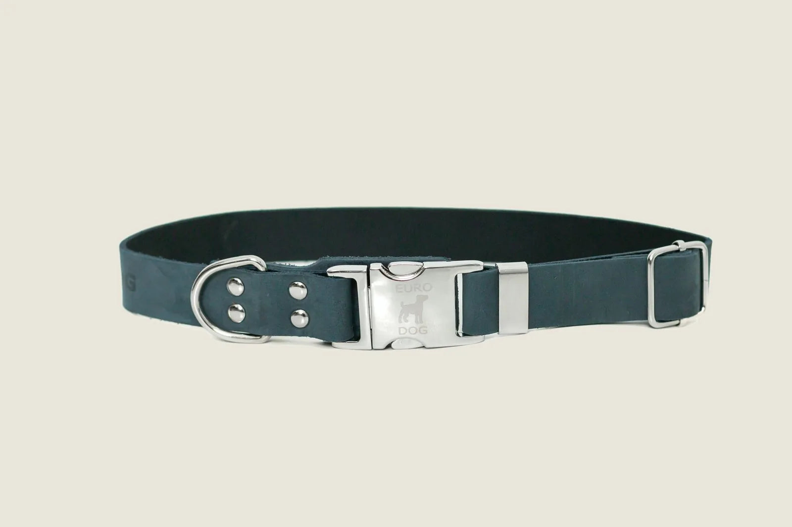 Quick-release blue jeans leather dog collar with silver hardware and a modern design for stylish everyday walks.