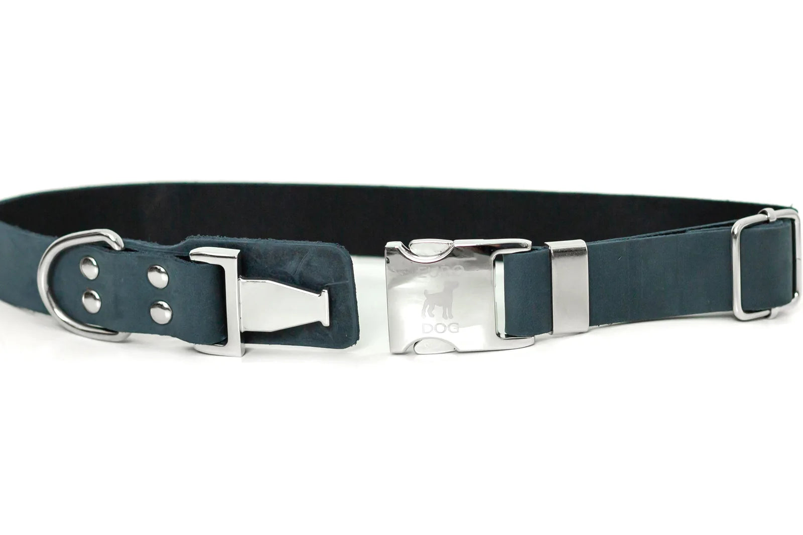 Modern blue jeans leather dog collar with quick-release buckle and durable European steel hardware.