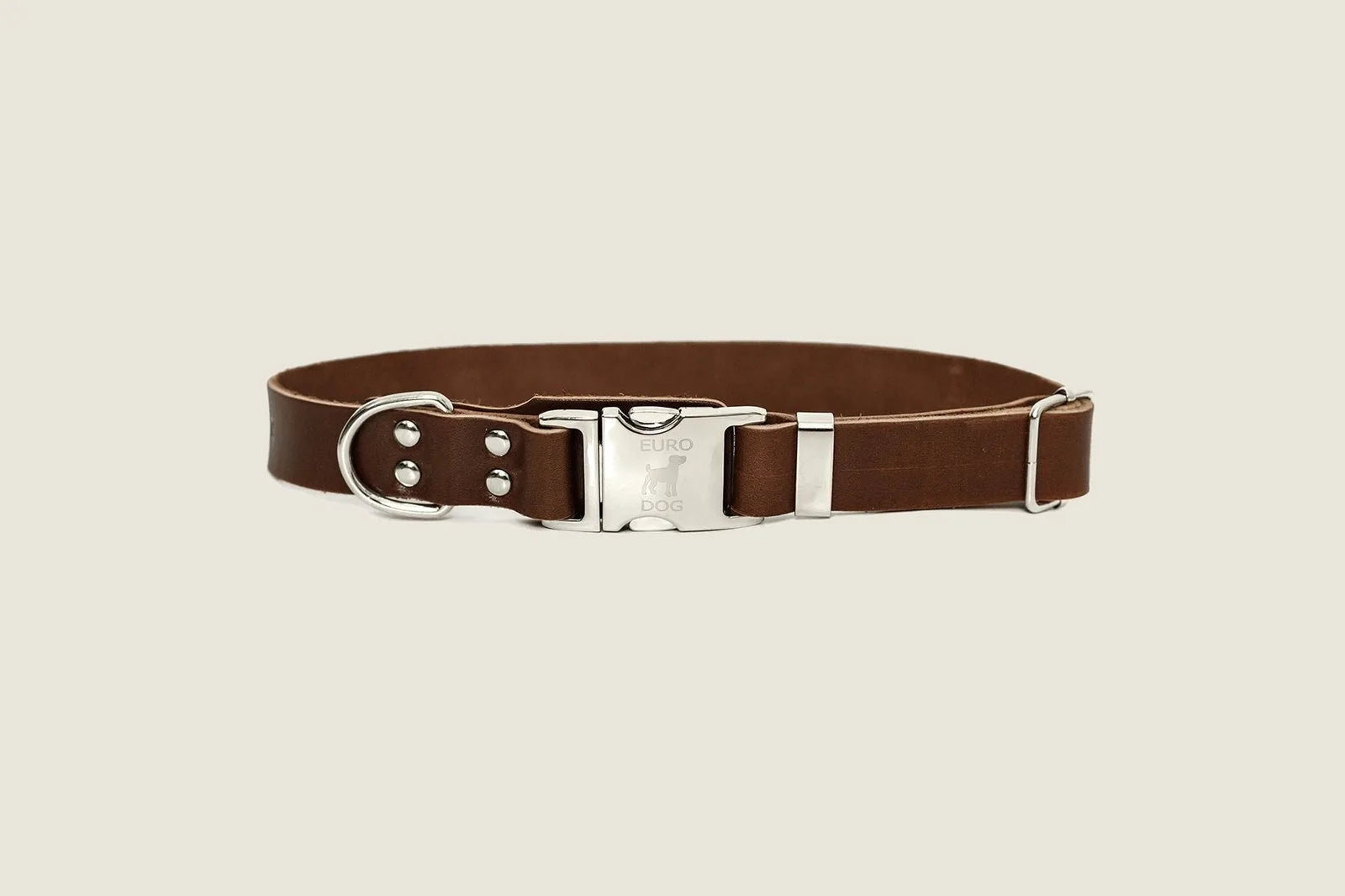 Modern chocolate leather dog collar featuring a quick-release buckle and silver hardware.
