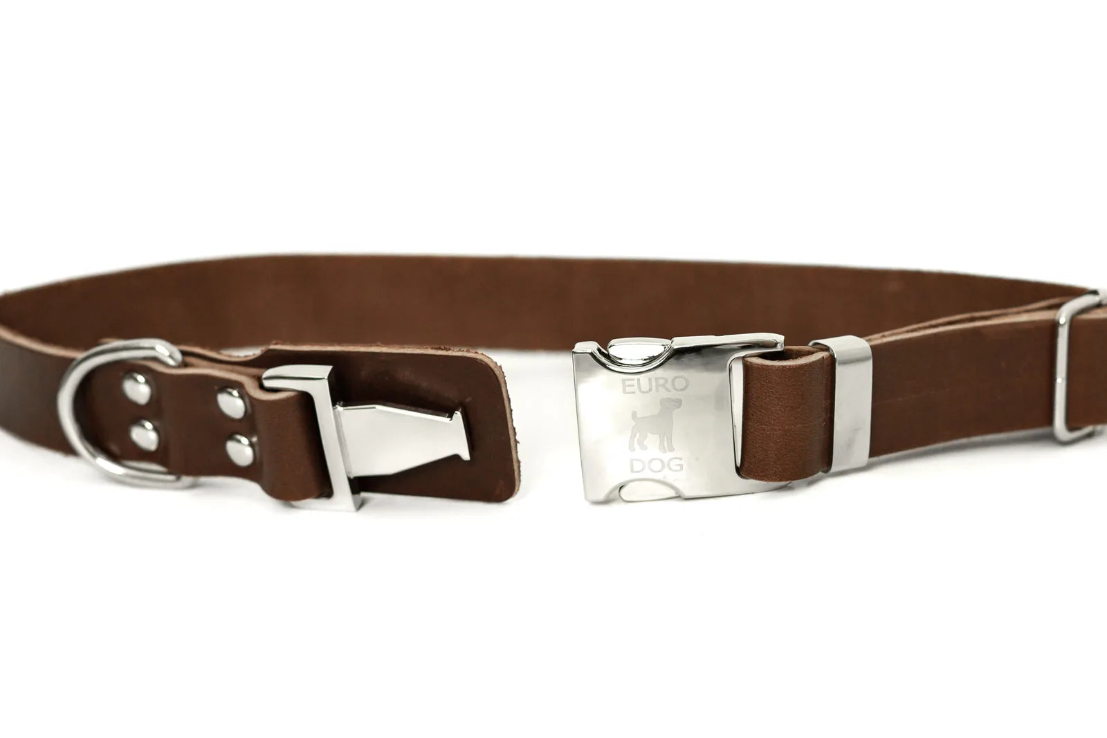 Quick-release chocolate leather dog collar with a silver buckle and round metal loop for leash attachment.