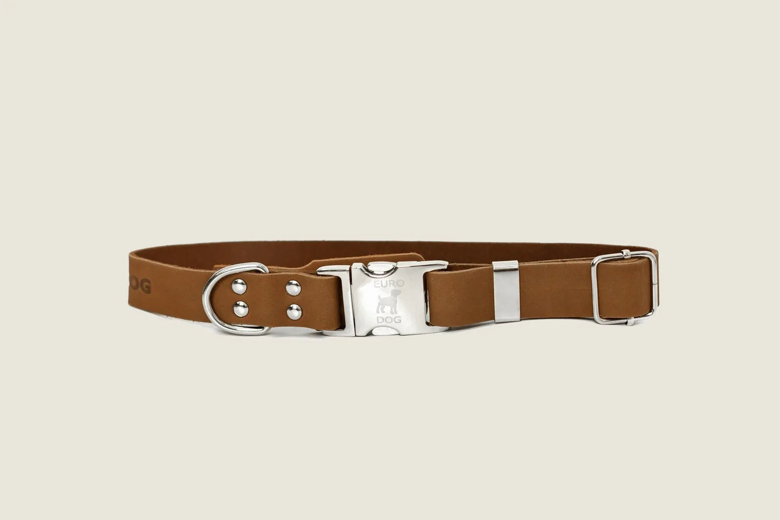 Earth brown leather dog collar with silver buckle and hardware, featuring a quick-release design by Euro-Dog Collars.