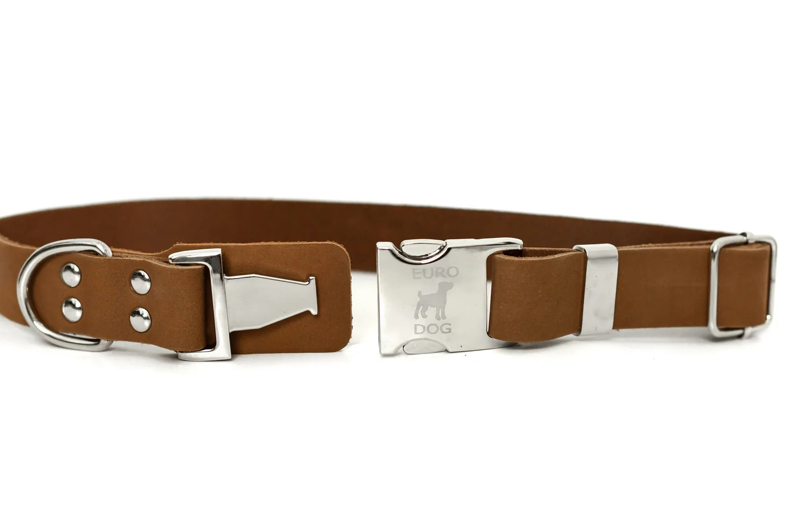 Earth brown leather dog collar featuring a quick-release buckle and silver hardware, ideal for everyday use.