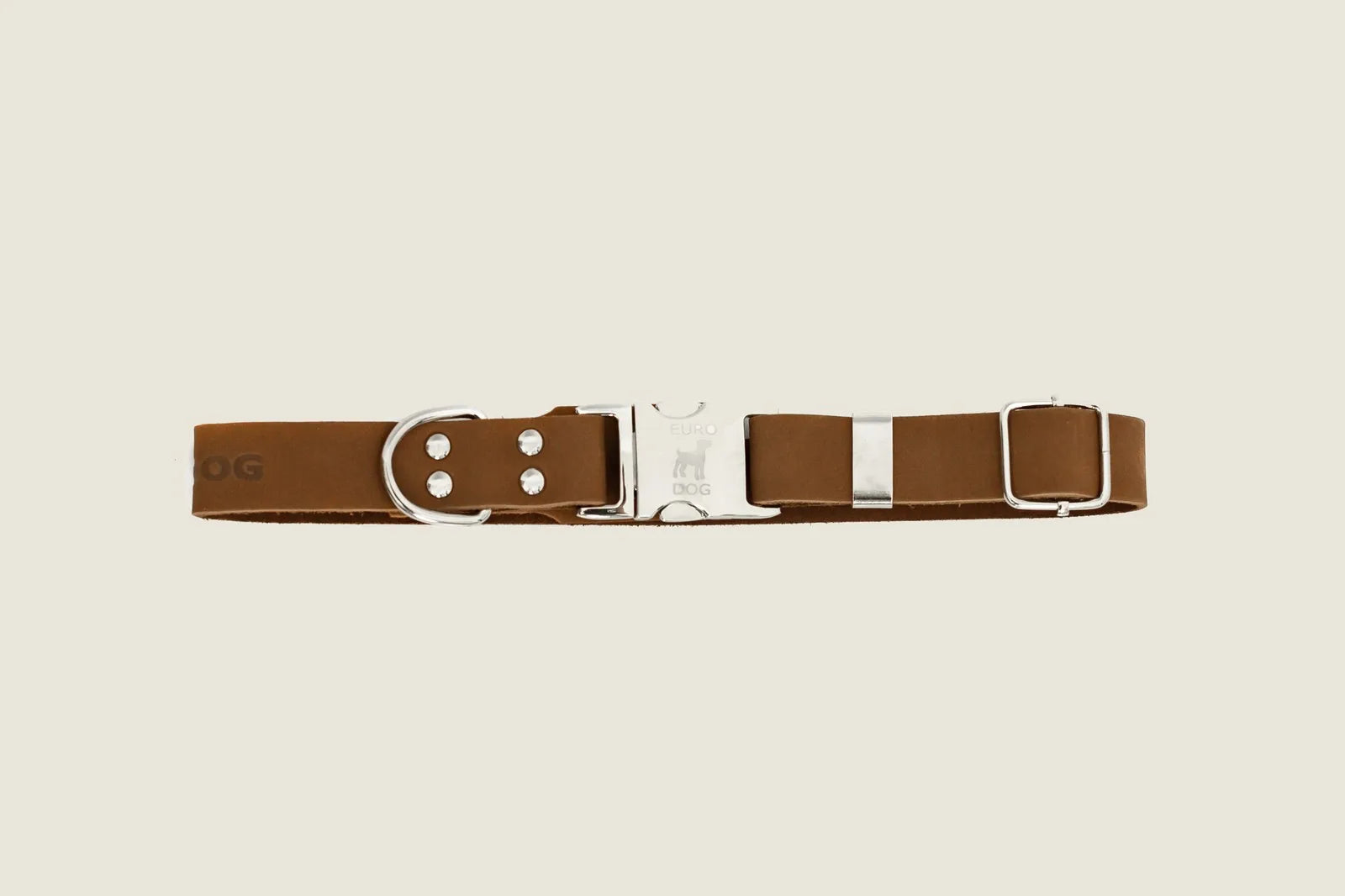 Earth brown leather dog collar with silver hardware, featuring a quick-release buckle and adjustable size.