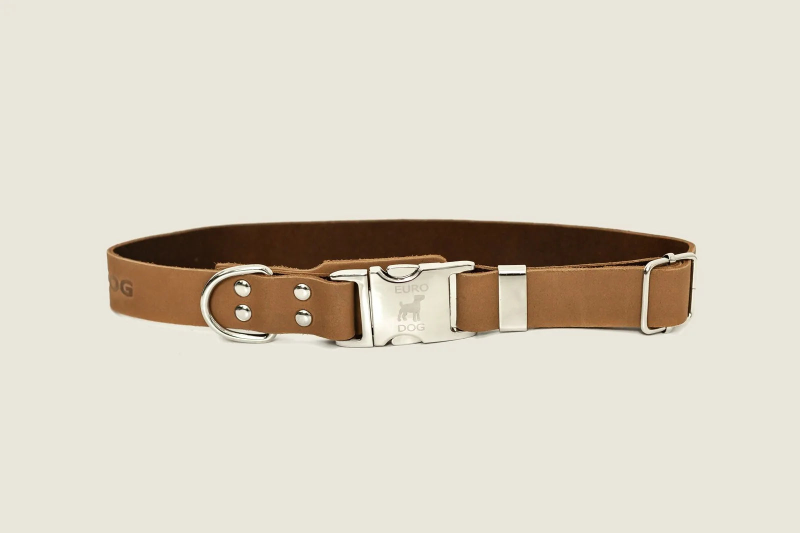 Khaki leather dog collar with silver hardware, featuring a quick-release buckle and soft full-grain construction.