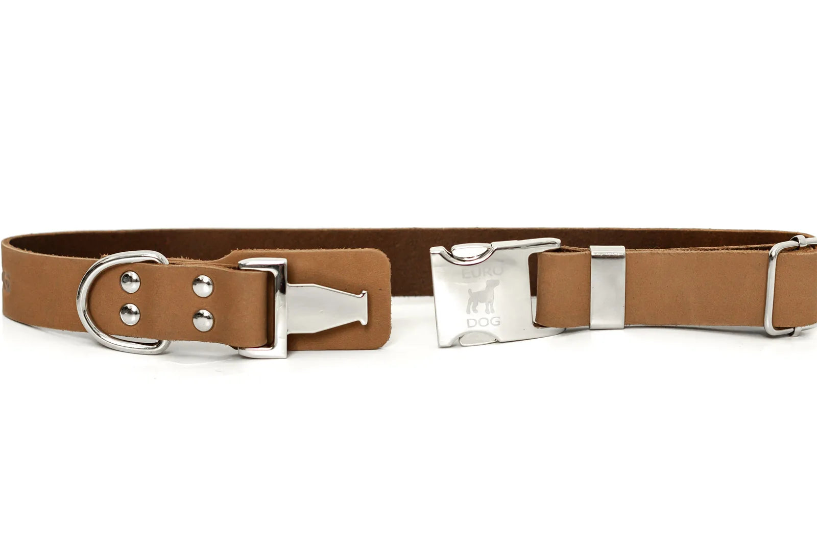 Khaki leather dog collar featuring a quick-release buckle and European steel hardware for durability and style.