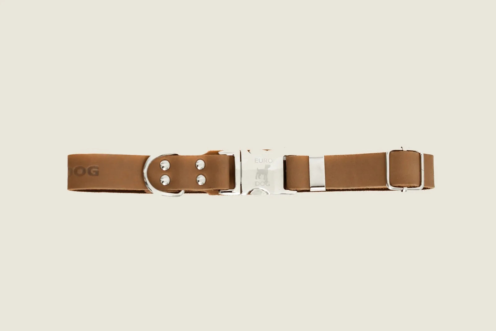Khaki leather dog collar featuring soft full-grain material and silver European steel hardware for stylish comfort.