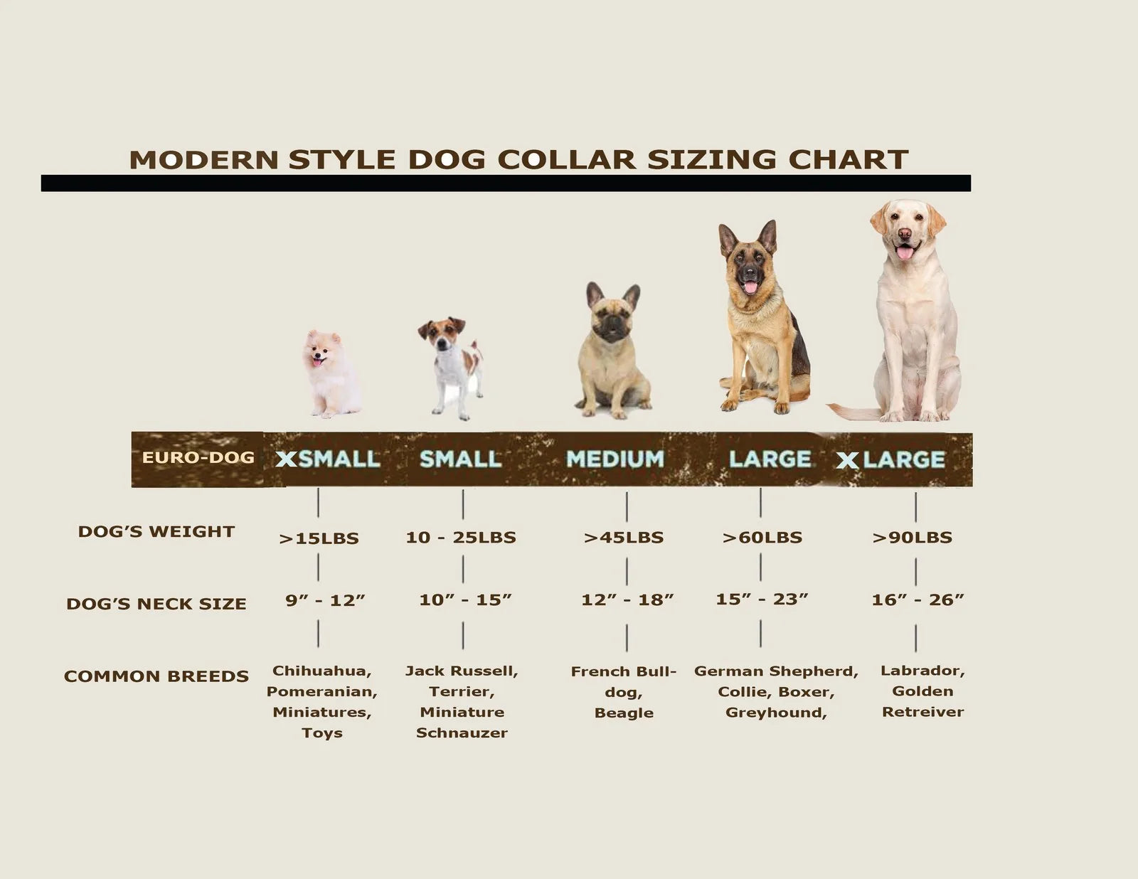 Modern sizing chart for Euro-Dog collars, displaying various dog breeds and neck size measurements.
