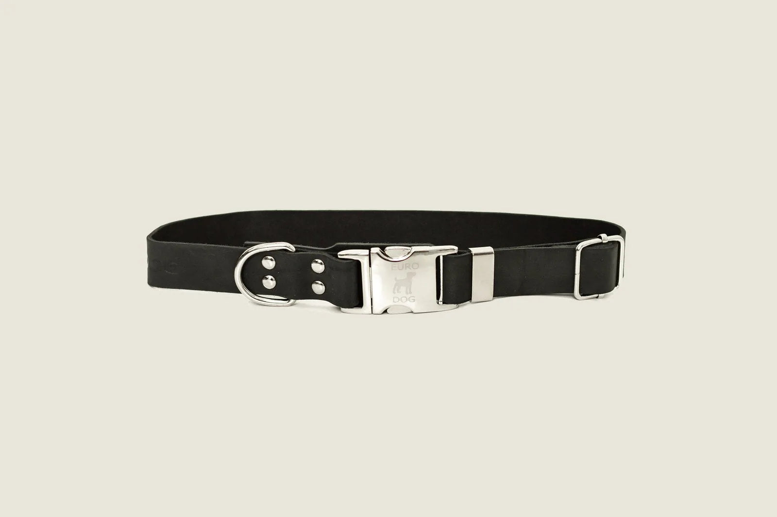 Midnight black leather dog collar featuring a quick-release buckle and European steel hardware, designed for comfort and d...