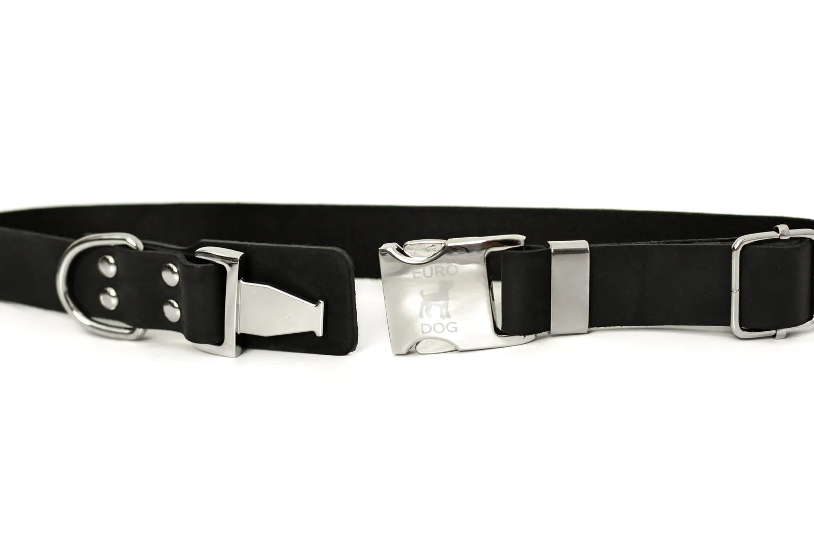 Midnight black leather dog collar featuring a quick-release buckle and silver hardware, ideal for daily walks.